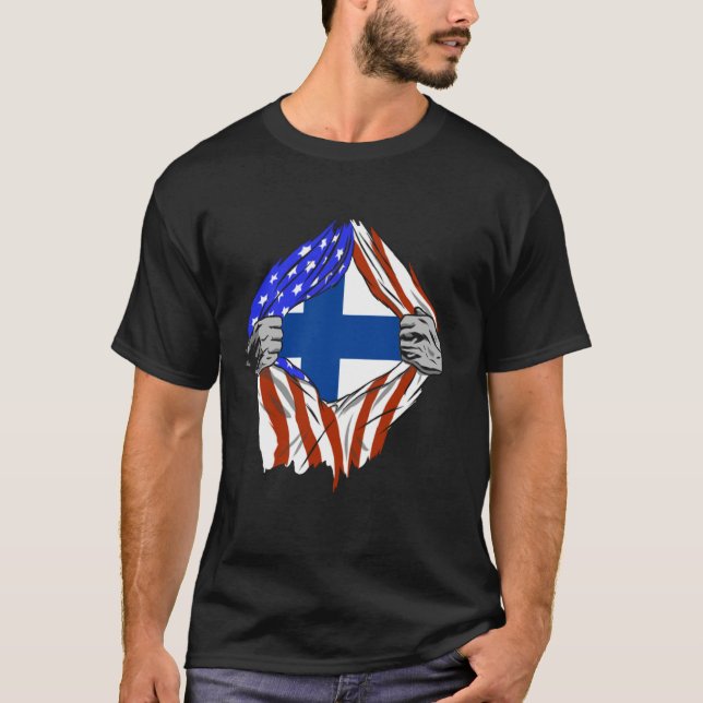 Finland USA Finn America Chest Finnish Pride Finni T-Shirt (Front)