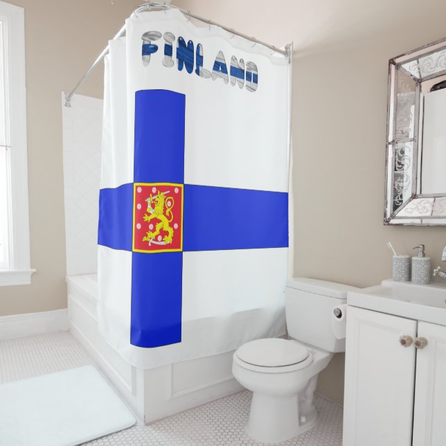 Finnish flag shower curtain (In Situ)