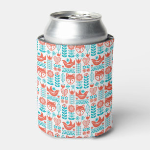 Finnish Fox & Bird Folk Art Pattern Can Cooler