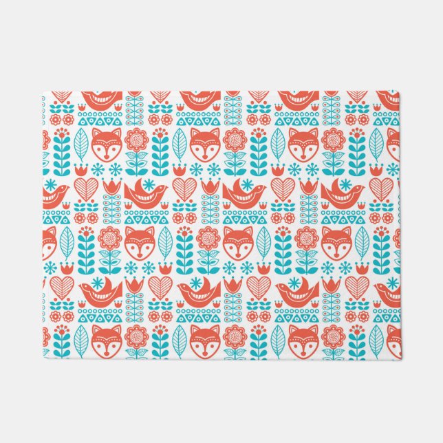 Finnish Fox & Bird Folk Art Pattern Doormat (Front)