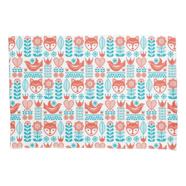 Finnish Fox & Bird Folk Art Pattern Pillowcase (Front-Left)