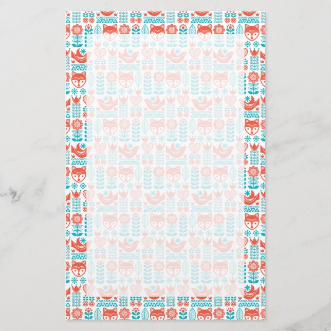 Finnish Fox & Bird Folk Art Pattern Stationery (Front)