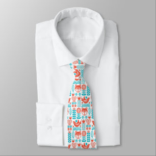 Finnish Fox & Bird Folk Art Pattern Tie