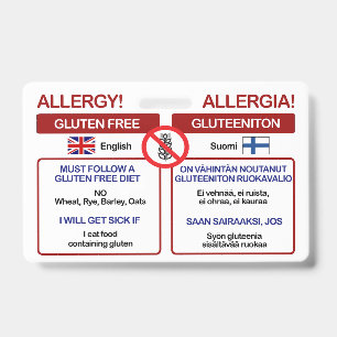 FINNISH Gluten Free Travel Card   Allergy Badge ID Badge
