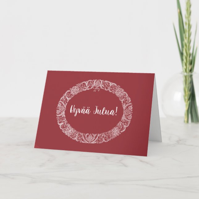 Finnish Greeting Christmas Wreath White, Deep Red Holiday Card (Front)