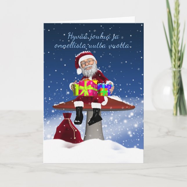Finnish Holiday Greeting Card With Santa On A Mush (Front)