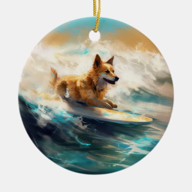 Finnish Lapphund Beach Surfing Painting Ceramic Tree Decoration (Front)