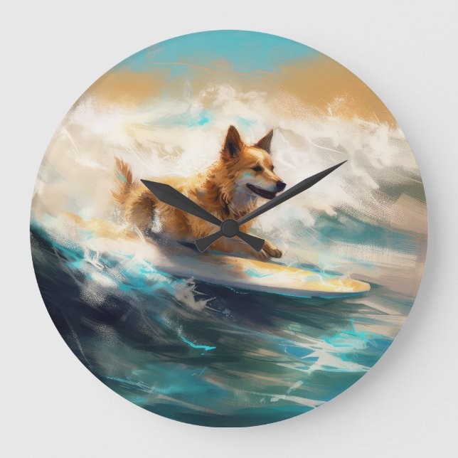 Finnish Lapphund Beach Surfing Painting Large Clock (Front)