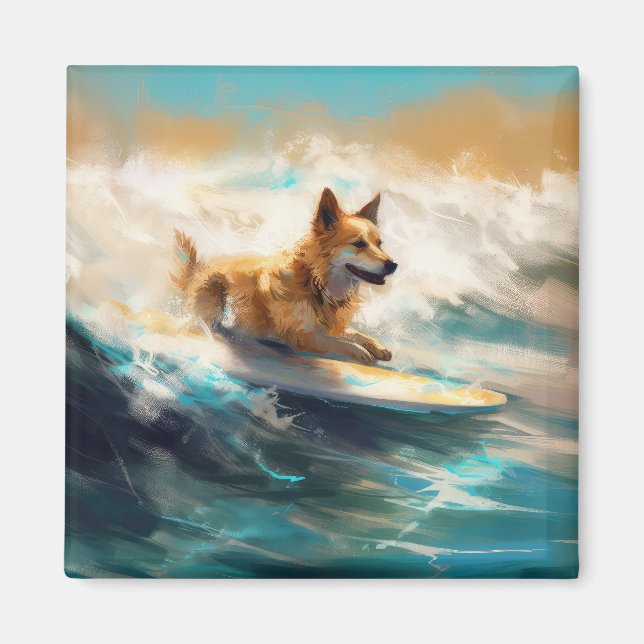 Finnish Lapphund Beach Surfing Painting Magnet (Front)