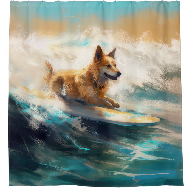 Finnish Lapphund Beach Surfing Painting Shower Curtain (Front)