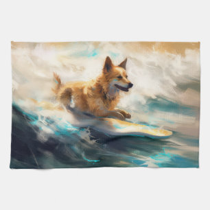 Finnish Lapphund Beach Surfing Painting Tea Towel