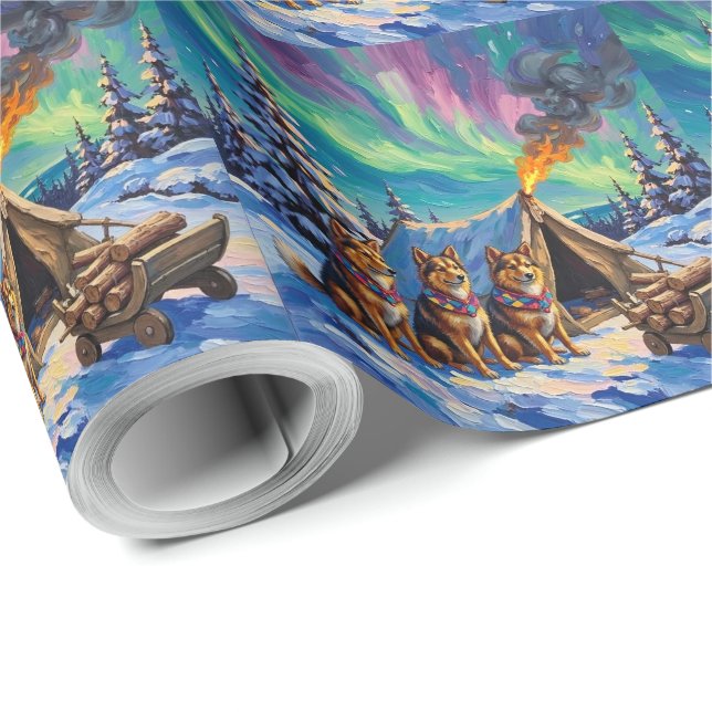 Finnish Lapphund Christmas Northern Lights Arctic  Wrapping Paper (Roll Corner)