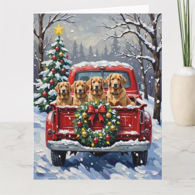 Finnish Lapphund Christmas Red Truck Holiday Card (Front)