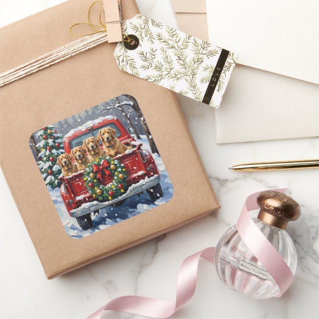 Finnish Lapphund Christmas Red Truck Holiday Square Sticker (Gifting)