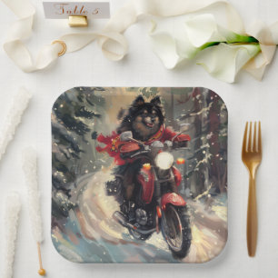 Finnish Lapphund Dog Riding Motorcycle Christmas Paper Plate
