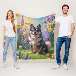 Finnish Lapphund Dog Spring Flowers Painting Fleece Blanket