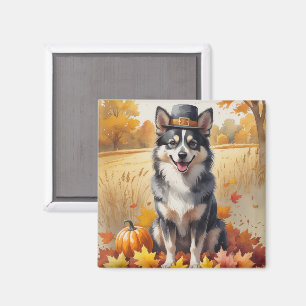 Finnish Lapphund In Autumn Leaves Thanksgiving Art Magnet