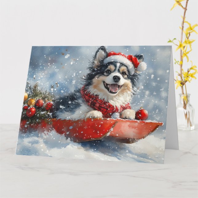 Finnish Lapphund in Sledge Let it Snow Christmas Card (Yellow Flower)