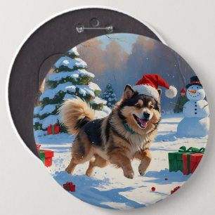 Finnish Lapphund Running Snow with Christmas Hat 6 Cm Round Badge