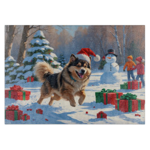 Finnish Lapphund Running Snow with Christmas Hat Cutting Board