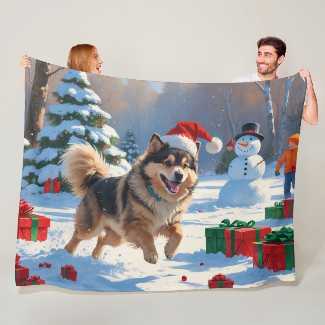 Finnish Lapphund Running Snow with Christmas Hat Fleece Blanket (In Situ)