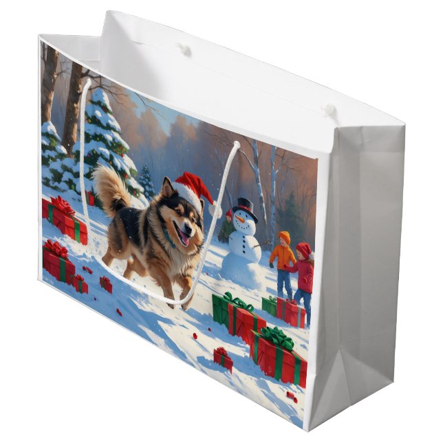 Finnish Lapphund Running Snow with Christmas Hat Large Gift Bag (Front Angled)