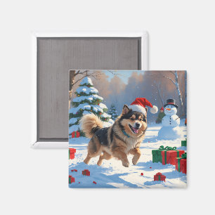 Finnish Lapphund Running Snow with Christmas Hat Magnet