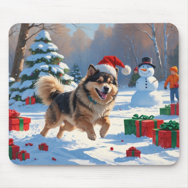 Finnish Lapphund Running Snow with Christmas Hat Mouse Pad (Front)
