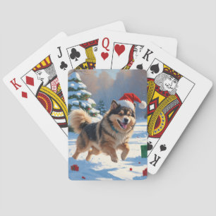 Finnish Lapphund Running Snow with Christmas Hat Playing Cards