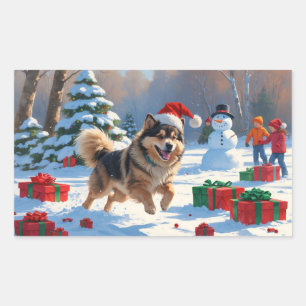Finnish Lapphund Running Snow with Christmas Hat Rectangular Sticker