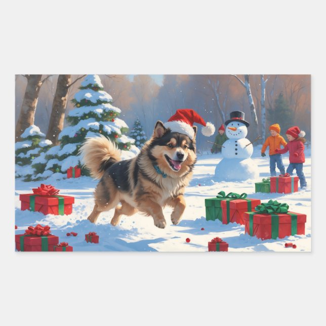 Finnish Lapphund Running Snow with Christmas Hat Rectangular Sticker (Front)
