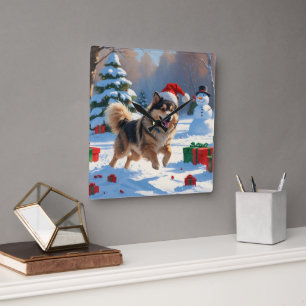 Finnish Lapphund Running Snow with Christmas Hat Square Wall Clock