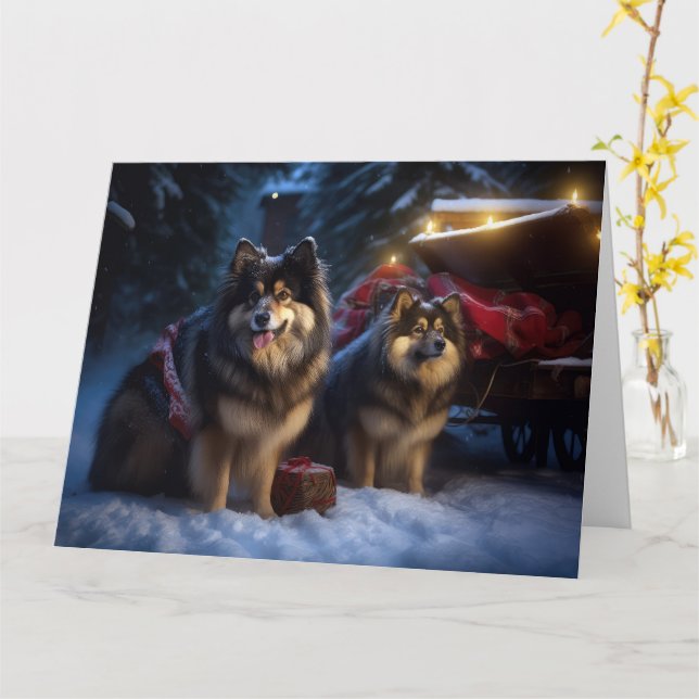 Finnish Lapphund Snowy Sleigh Christmas Decor  Card (Yellow Flower)