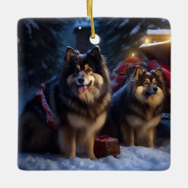 Finnish Lapphund Snowy Sleigh Christmas Decor  Ceramic Ornament (Front)