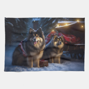 Finnish Lapphund Snowy Sleigh Christmas Decor Tea Towel