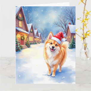 Finnish Lapphund Snowy Village Santa Hat Christmas Card