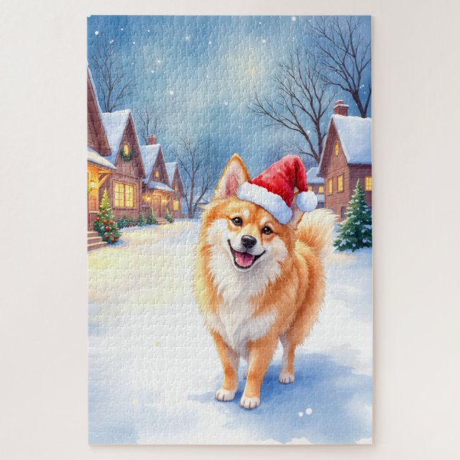 Finnish Lapphund Snowy Village Santa Hat Christmas Jigsaw Puzzle (Vertical)