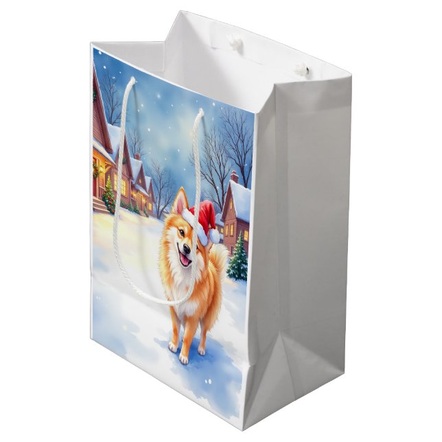 Finnish Lapphund Snowy Village Santa Hat Christmas Medium Gift Bag (Front Angled)