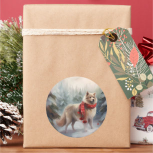 Finnish Lappund Dog in Snow Christmas Classic Round Sticker