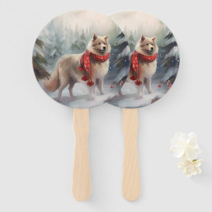 Finnish Lappund Dog in Snow Christmas Hand Fan