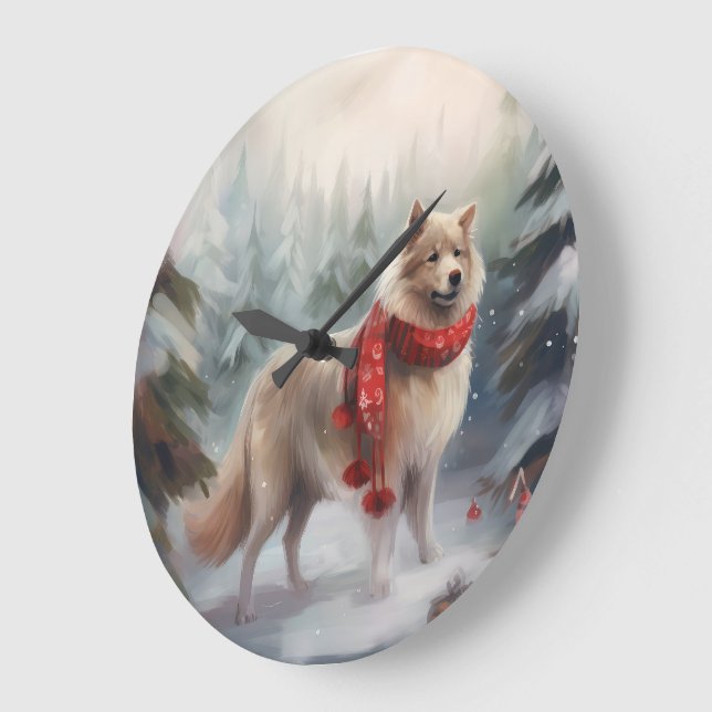 Finnish Lappund Dog in Snow Christmas  Large Clock (Angle)