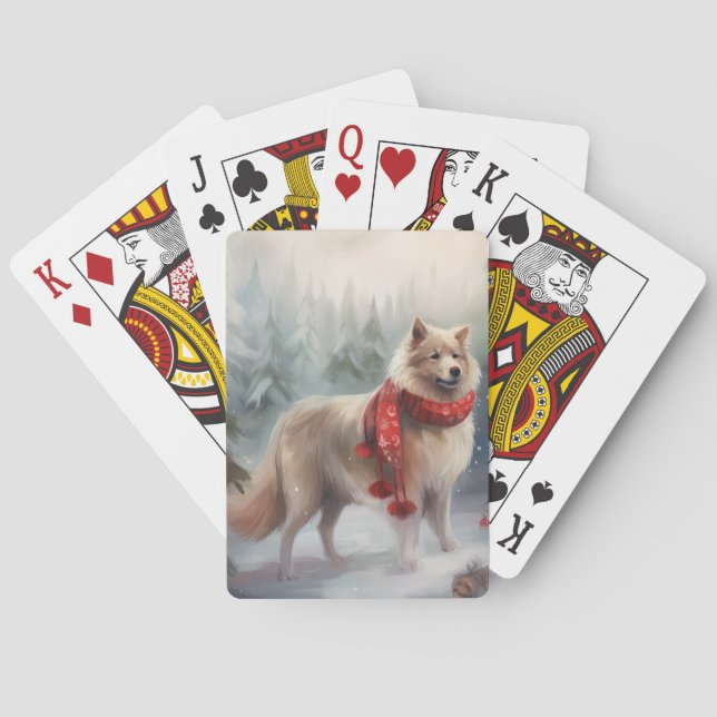 Finnish Lappund Dog in Snow Christmas  Playing Cards (Back)