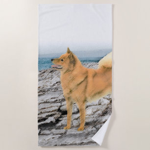 Finnish Spitz at Seashore Painting - Dog Art Beach Towel