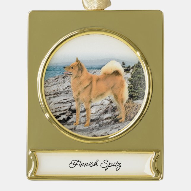 Finnish Spitz at Seashore Painting - Dog Art Gold Plated Banner Ornament (Front)