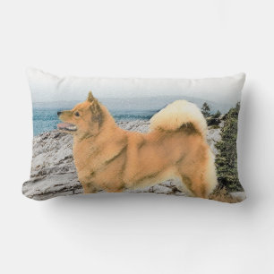 Finnish Spitz at Seashore Painting - Dog Art Lumbar Cushion
