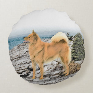 Finnish Spitz at Seashore Painting - Dog Art Round Cushion