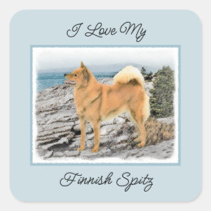 Finnish Spitz at Seashore Painting - Dog Art Square Sticker