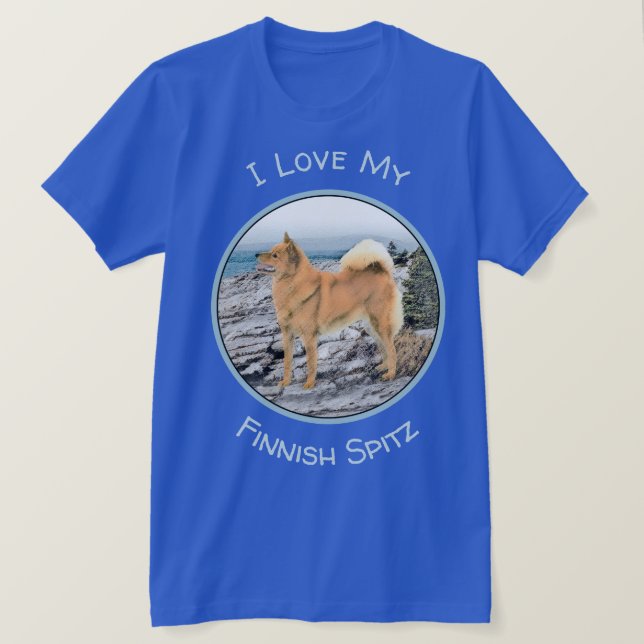 Finnish Spitz at Seashore Painting - Dog Art T-Shirt (Design Front)