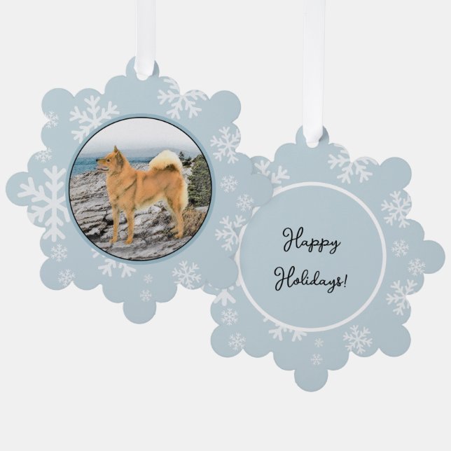 Finnish Spitz at Seashore Painting - Dog Art Tree Decoration Card (Front/Back)