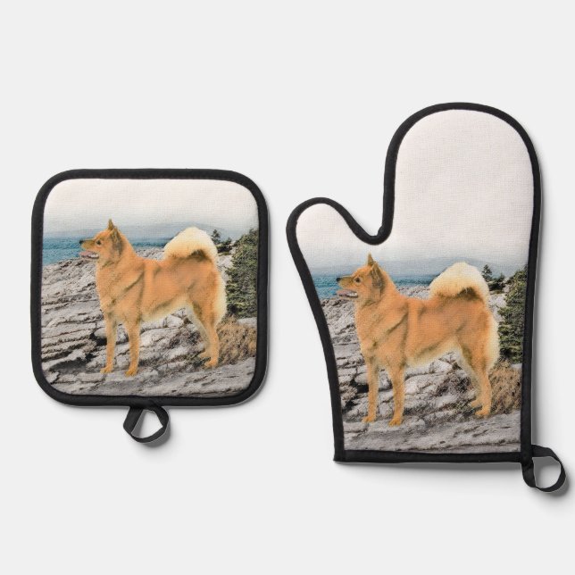 Finnish Spitz Seashore Painting Original Dog Art Oven Mitt & Pot Holder Set (Front)